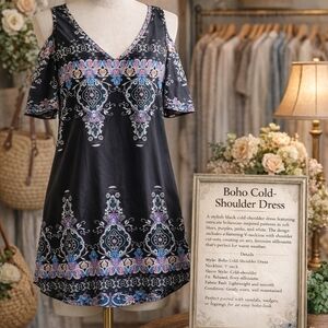 Black Boho Cold-Shoulder Dress with Pastel Print